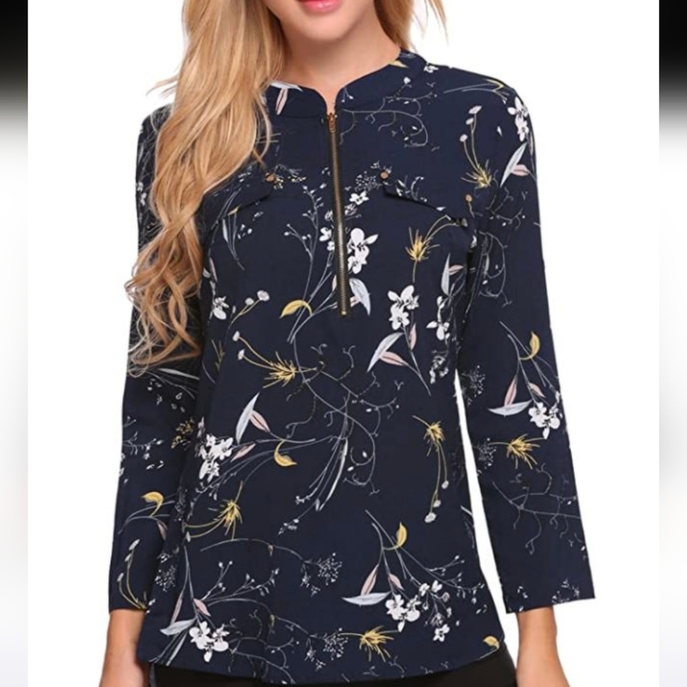 Blue and Yellow Graphic 3/4 Sleeve Tunic